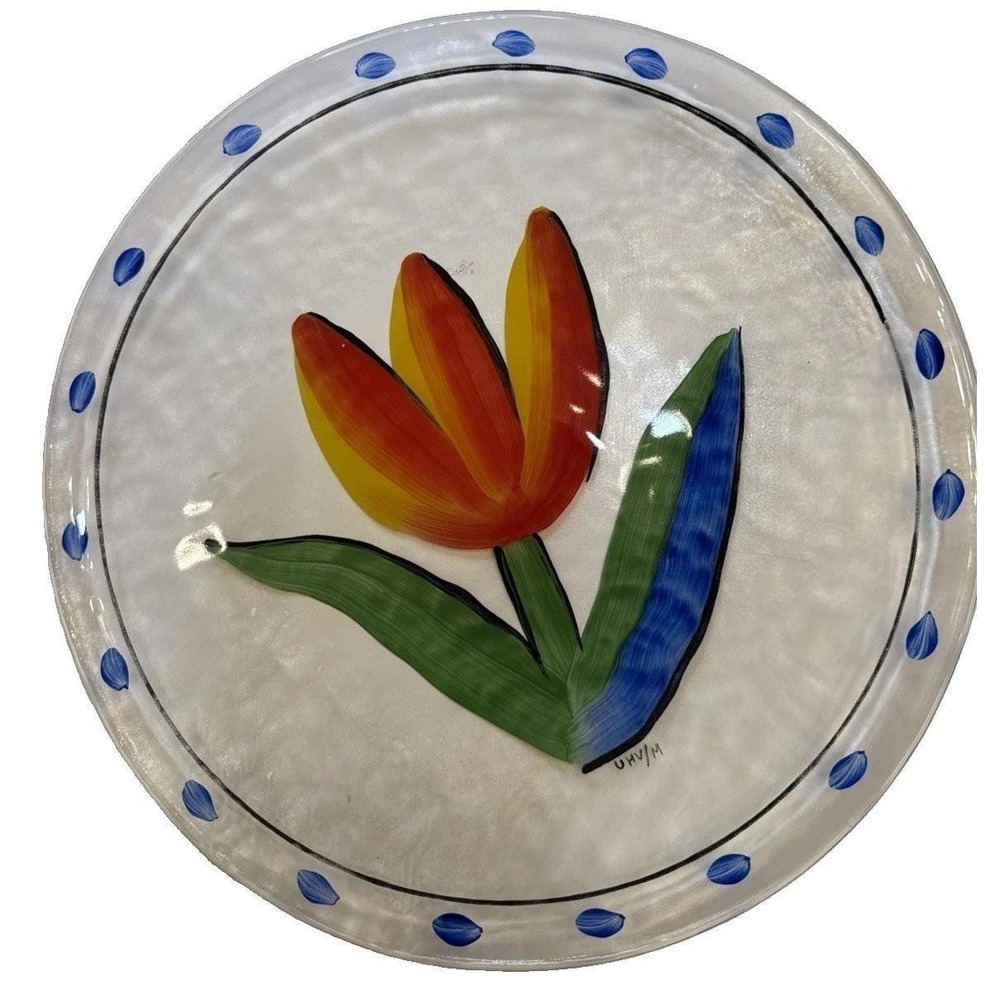 A 13" Ulrica Hydman Vallien Glass Plate Kosta Boda Sweden Tulip Flower Dish